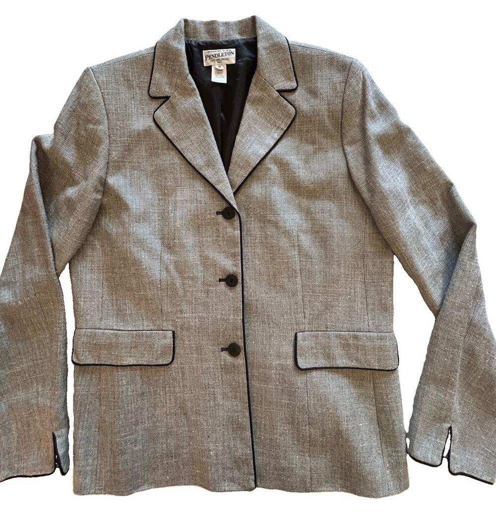 Vtg Pendleton Women Blazer Gray Wool Silk Blend 3 Button Tweed Jacket Sz 10 Tall